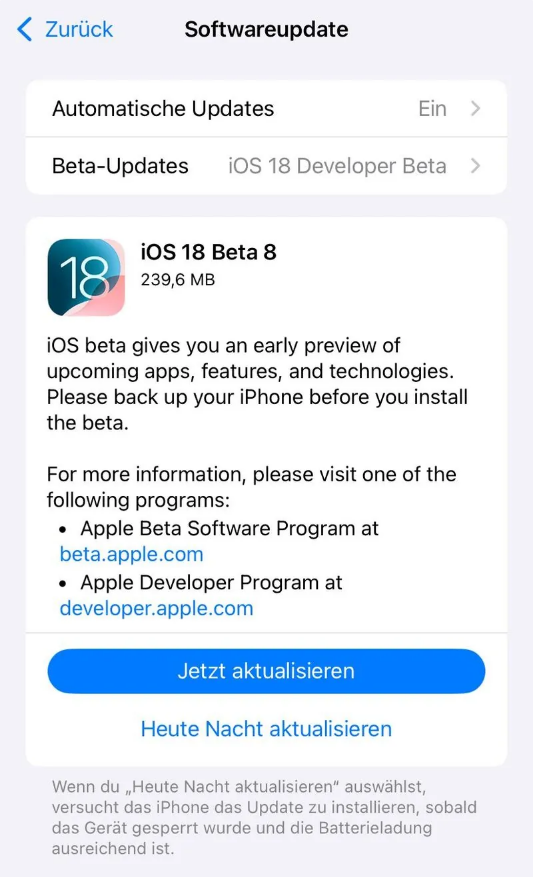 垦利苹果手机维修分享苹果 iOS / iPadOS 18 开发者预览版 Beta 8 发布 